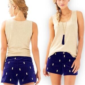 Lilly Pulitzer Womens Adie Blue Velvet Gold Pineapple shorts Size 2 Preppy Chic